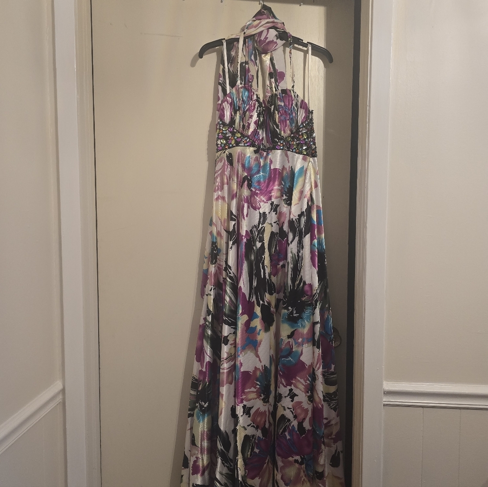Floral Halter Evening Gown with Beaded Waist